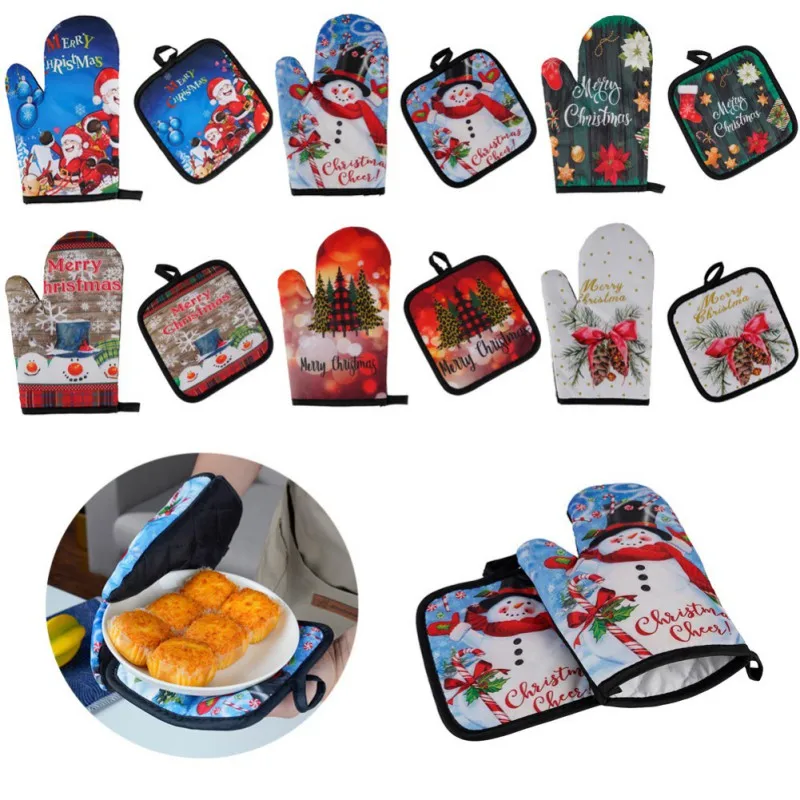 

Kitchen Anti-Hot Gloves Christmas Microwave Glove Pad 2PCS Set Potholder Gloves for BBQ Insulation Gloves Hot Oven Baking Mitts