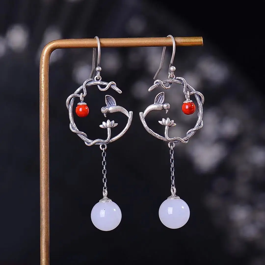 

Natural 925 Silver Inlaid Hetian Jade White Jade Bead Earrings