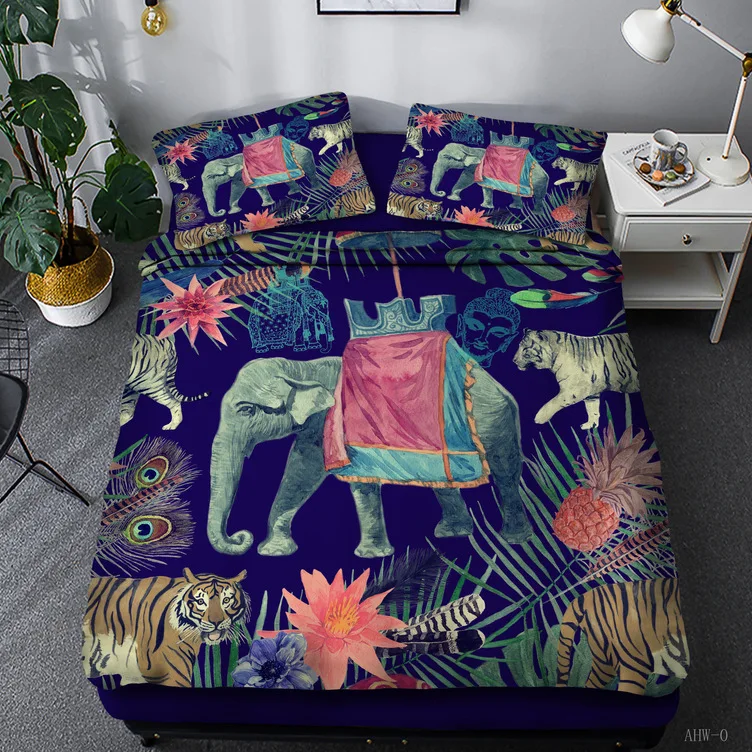 

Bedding Set Bohemian style Tropical forest elephant giraffe 2/3pcs soft Family student dormitory Quilt cover pillowcase
