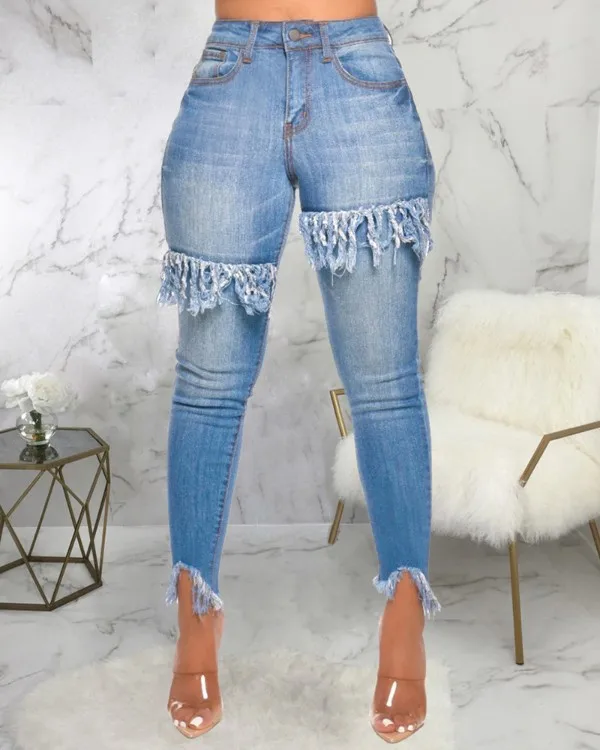 

Узкие джинсы, женские джинсы на молнии с косым карманом и бахромой, джинсы с необработанным подолом 2021, модные повседневные джинсовые брюки
