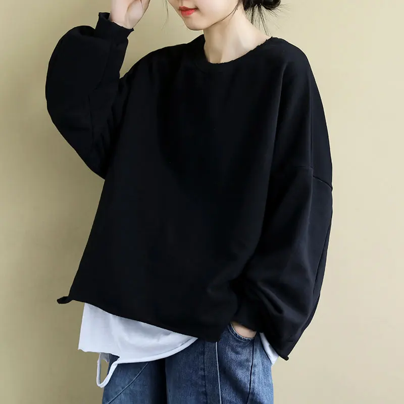 

2021 Spring New Korea Fashion Women Long Sleeve Fake Two Piece Pullovers Cotton Casual Loose Hoodies Femme Plus Size V284