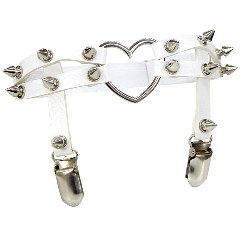 

573C Women Faux Leather Heart Garter Belt Gothic Punk Rivets Stud Adjustable Elastic Leg Ring Harness with Anti-Slip Clips