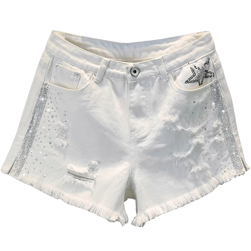 

2021 INS Trend White Jean Hot Pants Fashion Girls Casual Bottom Diamonds Slit High Waist Wide Leg Ripped Denim Shorts Women