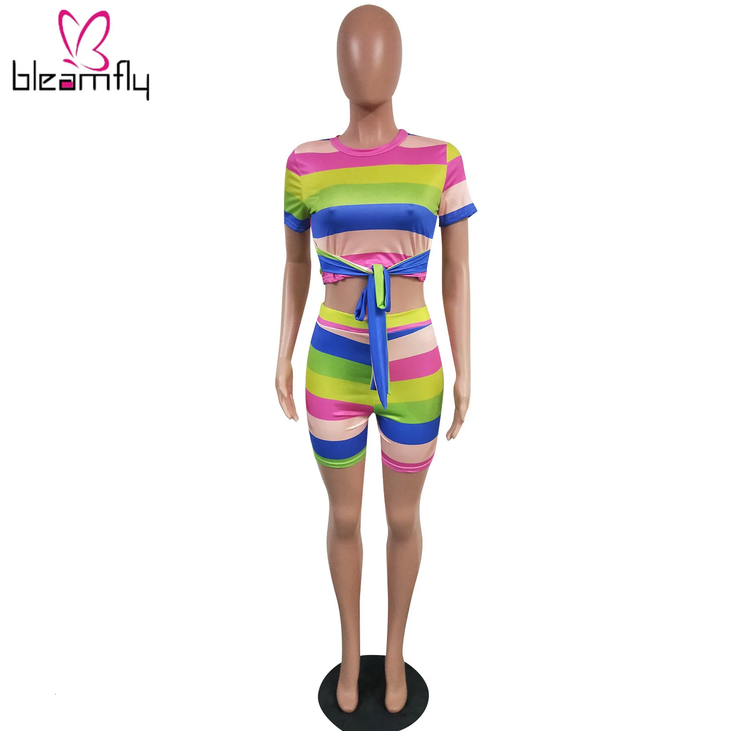 2019 женские летние костюмы новинка яркие полосы завязываются топ и шорты костюм