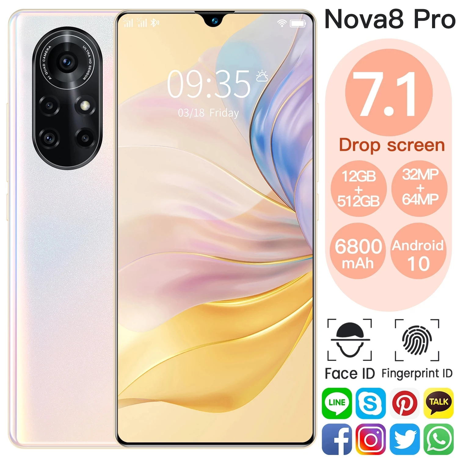 

Nova8 Pro smartphone, Global version, 7.1 inch Full Screen, 32MP + 64MP, MTK6595, 6800mAh, 8GB to 256GB, 10 cores, Face ID, 4GB