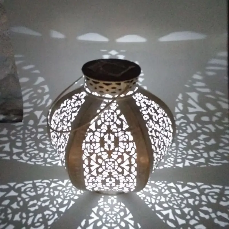 

Wrought Iron Solar Lanterns Portable Melon Pumpkin Shape Hollow Garden European Table Lamp
