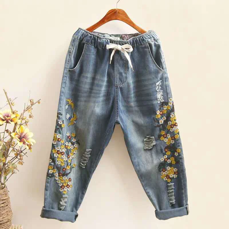 Джинсы-капри женские с цветочной вышивкой винтажные рваные джинсы из хлопка