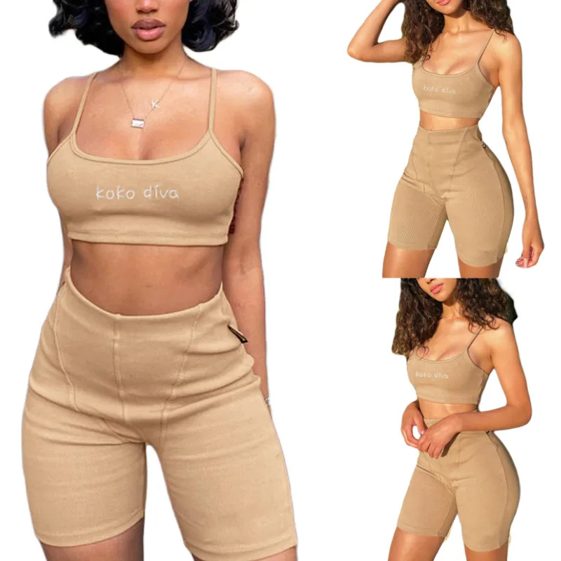 

Women Casual Clothes Set, Letter Embroidery Sleeveless Cropped Tops+Solid Color High Waist Shorts Daily Wear