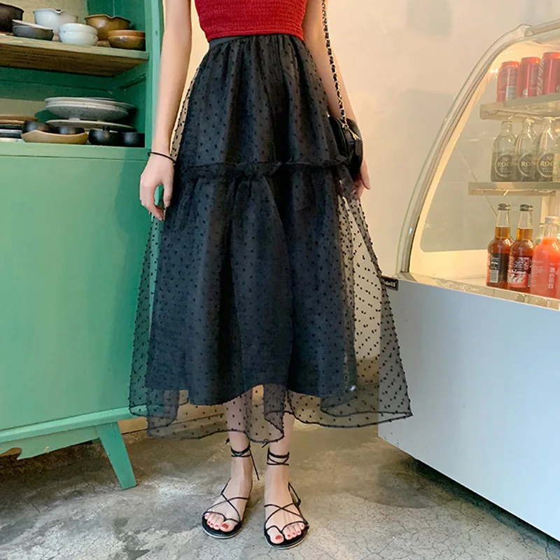 Женская летняя юбка из тюля в горошек новинка 2019 модная черная миди сеточку