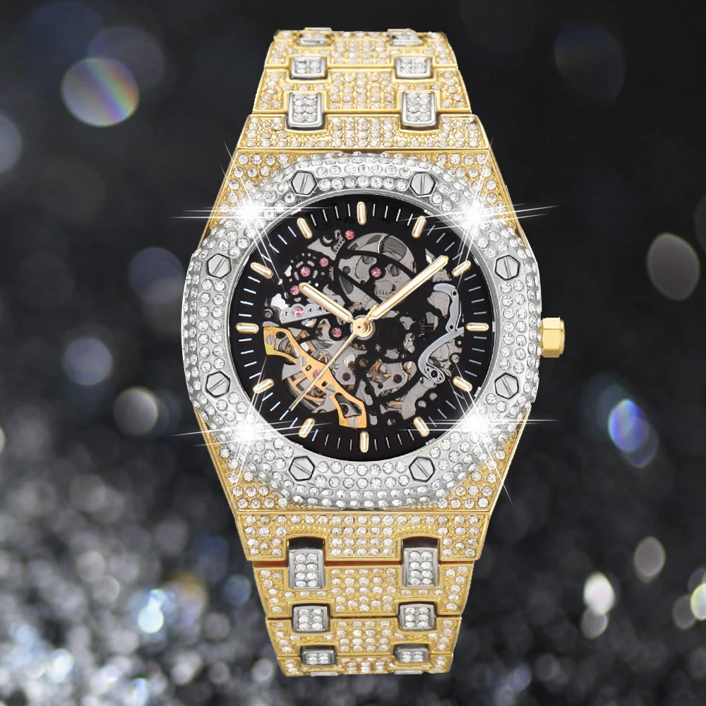 

Top Men Skeleton Mechanical Wristwatch Tourbillon Automatic Gold Watch Man Iced Out Diamond Men Watches Waterproof Reloj Hombre