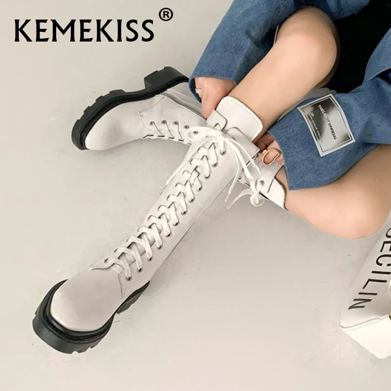 

KemeKiss/Новинка; Женские сапоги до середины икры ботинки из натуральной кожи; Круглый носок квадратный каблук; Перекрещивающиеся ремешки; Заст...