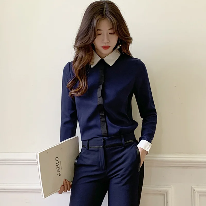 OL модная женская рубашка шифоновая темно-синяя блузка с белым рукавом женские