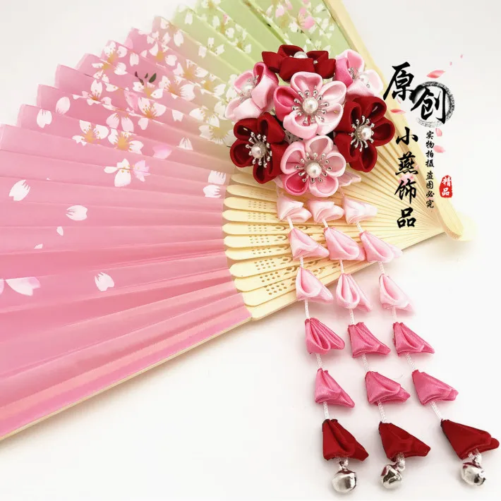 

Ancient Handmade Hairpin Cosplay Accessories Headdress Sakura Flower Tassel Tsumami Zaiku Kimono Yukata Barrettes Hair Clip