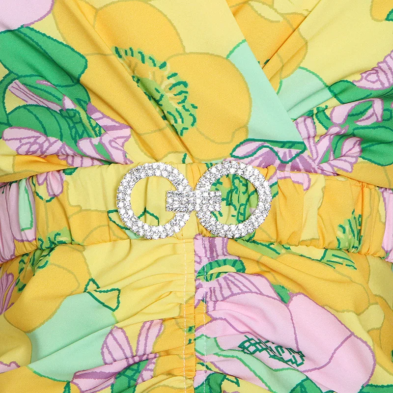 

Sale HIGH QUALITY Newest Fashion 2020 Designer Dress Women's V-Neck puff sleeve Draped Print Buttock Dress