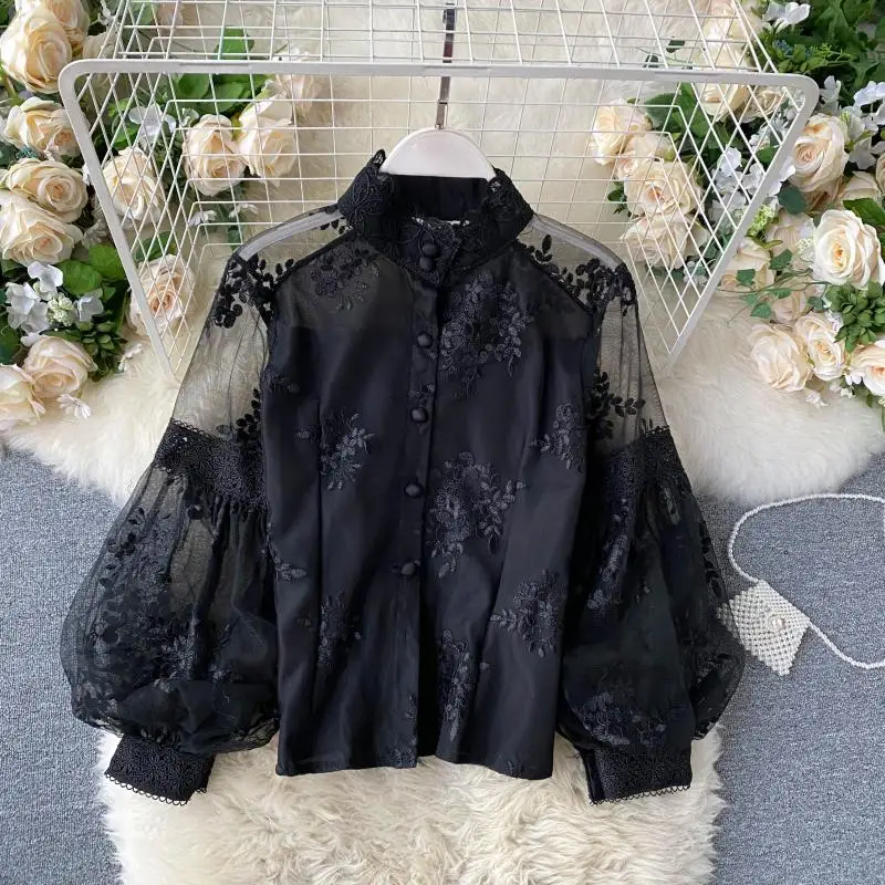 

Women French Mesh Lace Blouse Stand Collar Three-dimensional Embroidered Puff Sleeves Court Style Slim Shirt Female Blusa