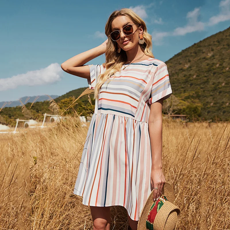 

2021 summer new style striped stitching loose short-sleeved mid-length round neck casual women's dress