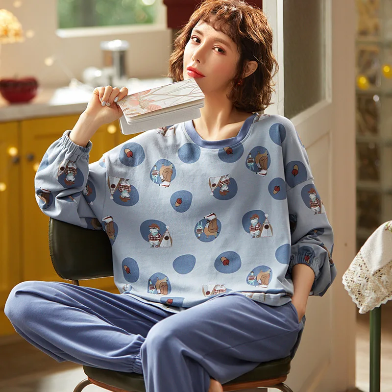 Осень-зима Хлопковая пижама для женщин цвет: голубой с рисунком героев из