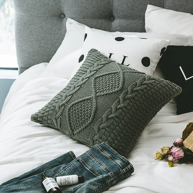 

Nordic Style Super Soft Cushion Cover 45x 45cm Solid Color Handmade Woolen Rhombus Knitted Square Pillow Case Sofa Couch Decor