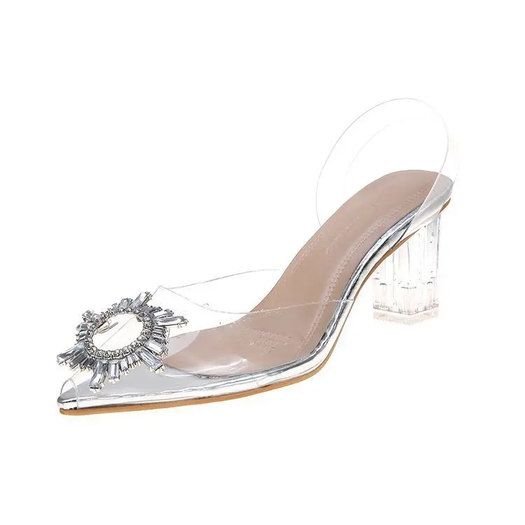 

Summer new transparent sandals female thick heel sexy pointed rhinestone shallow mouth high heels sandalias de las mujeres