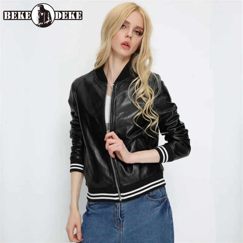 Brand Designer Women Casual Leather Bomber Jacket Embroidery Stand Collar Sheepskin Real Leather Jacket Streetwear Female Coat
