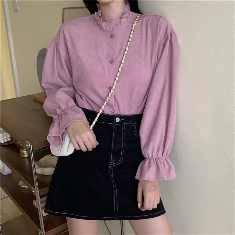 

Hzirip Flare Sleeve Korean Turtleneck Shirt Button Sweet Girl Edible Tree Fungus Shirt 2021 Autumn Loose Design Sense Fshion