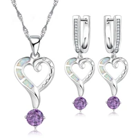 fashion love heart jewelry set for women imitation white fire opal purple crystal pendant necklace earrings wedding jewelry