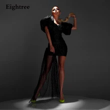 Eghtree-vestido de noche Formal corto negro brillante, vestido de novia con lentejuelas y mangas cortas abombadas