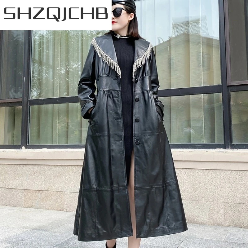 

JCHB 2021 Vintage Women Diamonds Tassels Sheepskin Trench Coat Fashion Belted Slim Fit Windbreaker Ladies Long Genuine Leather
