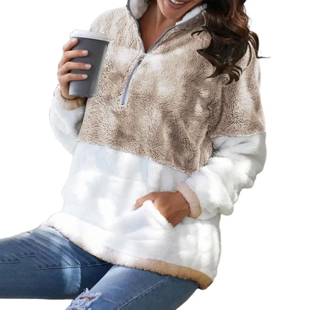 

Women's Jacket 2021 Winter Fur Coat Patchwork Contrast Color Loose Thermal Autumn Hooded Coat Casual Ladies Tops with Pocket