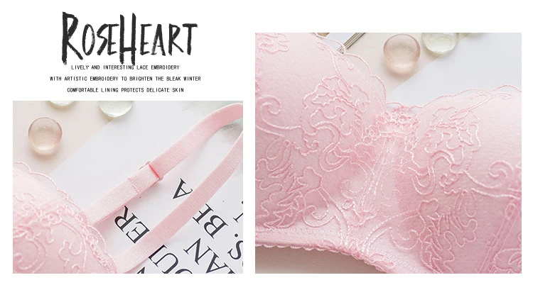 Roseheart, новинка, женское модное розовое Сексуальное белье, кружевное, с вышивкой, половина чашки, без косточек, хлопковые трусики, беспроводной бюстгальтер, наборы нижнего белья