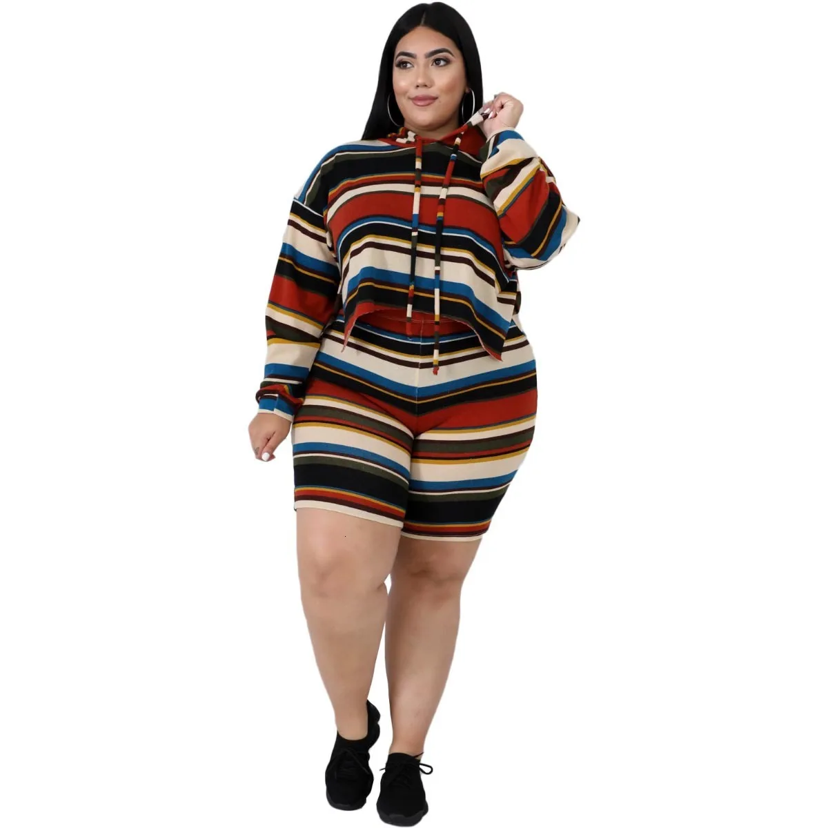 Комплект из двух предметов в полоску размера плюс 2xl~ 6xl, Женский Осенний топ с капюшоном и длинными рукавами и шорты, спортивные костюмы, спортивный костюм, элегантная одежда