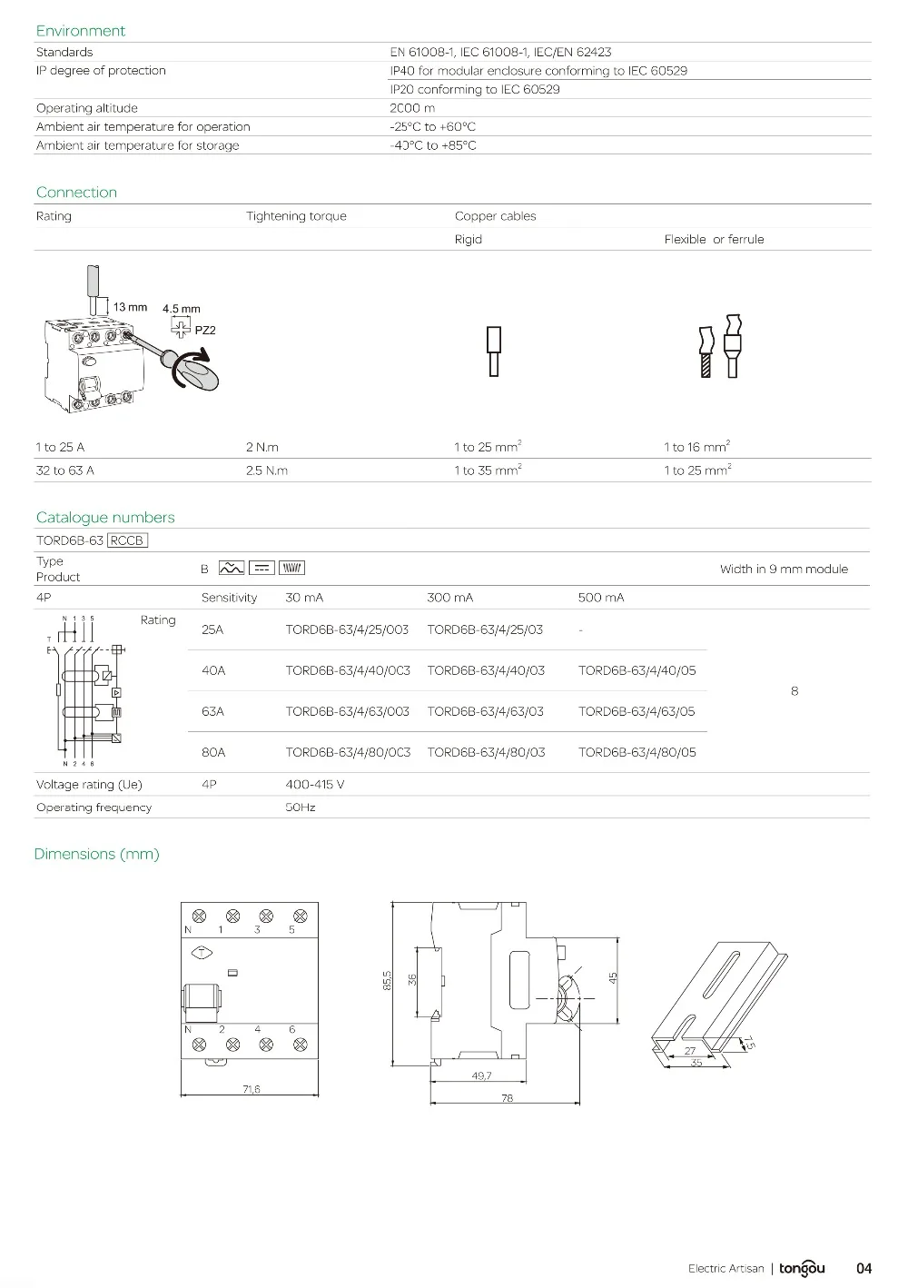 4P 63 ампер Тип B 10KA RCCB RCD 230 В 400 в 30 мА УЗО TORD6B-63