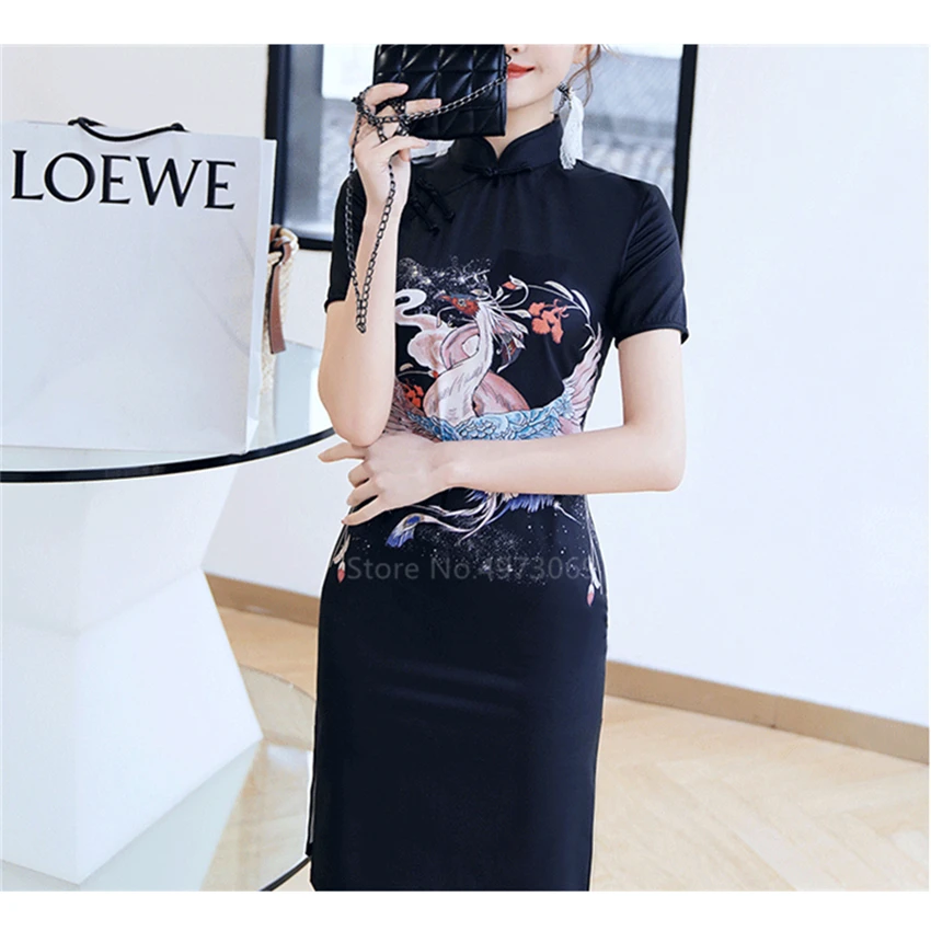 

Chinese Style Summer Vintage Fashion Cheongsam Dress for Women Traditional Girls Crane Print Black Qipao Slim Thin Short Vestido