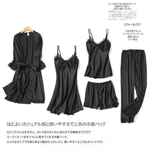 

Pajamas women's summer ice silk Sexy Hot Adult Spring and Autumn long sleeve thin women's nightgown five-piece suit nightgown