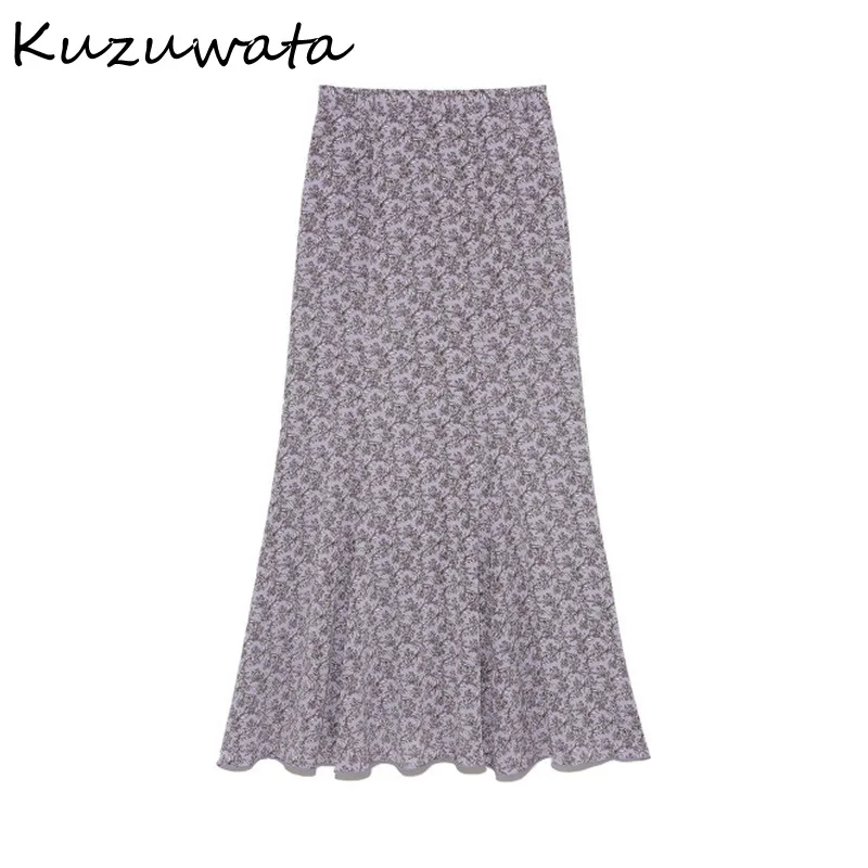 

Kuzuwata Vintage High Waist Print Trumpet Skirt Spring Summer New Simple Women Skirts Japan Style Elegant Temperament Jupe