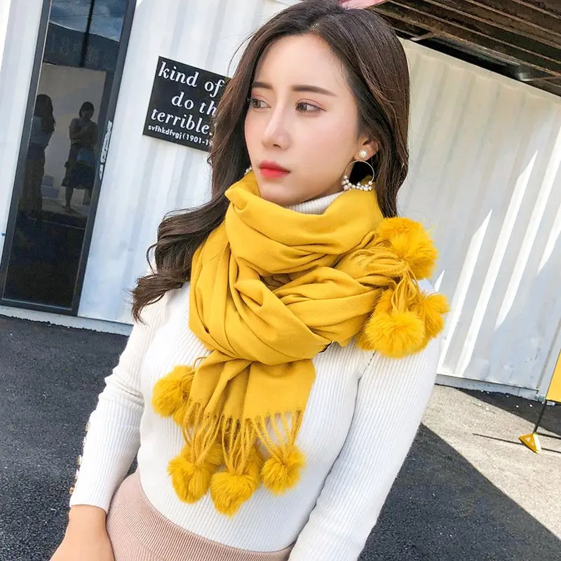 Женский однотонный кашемировый шарф из кроличьего меха с помпонами зимний