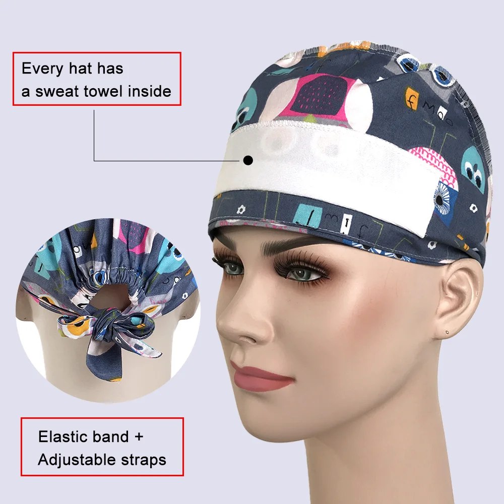 

wholesale adjustable Buttons Scrub hats Beautician cartoon printing cute working hats unisex laboratory Breathable Scrubs cap