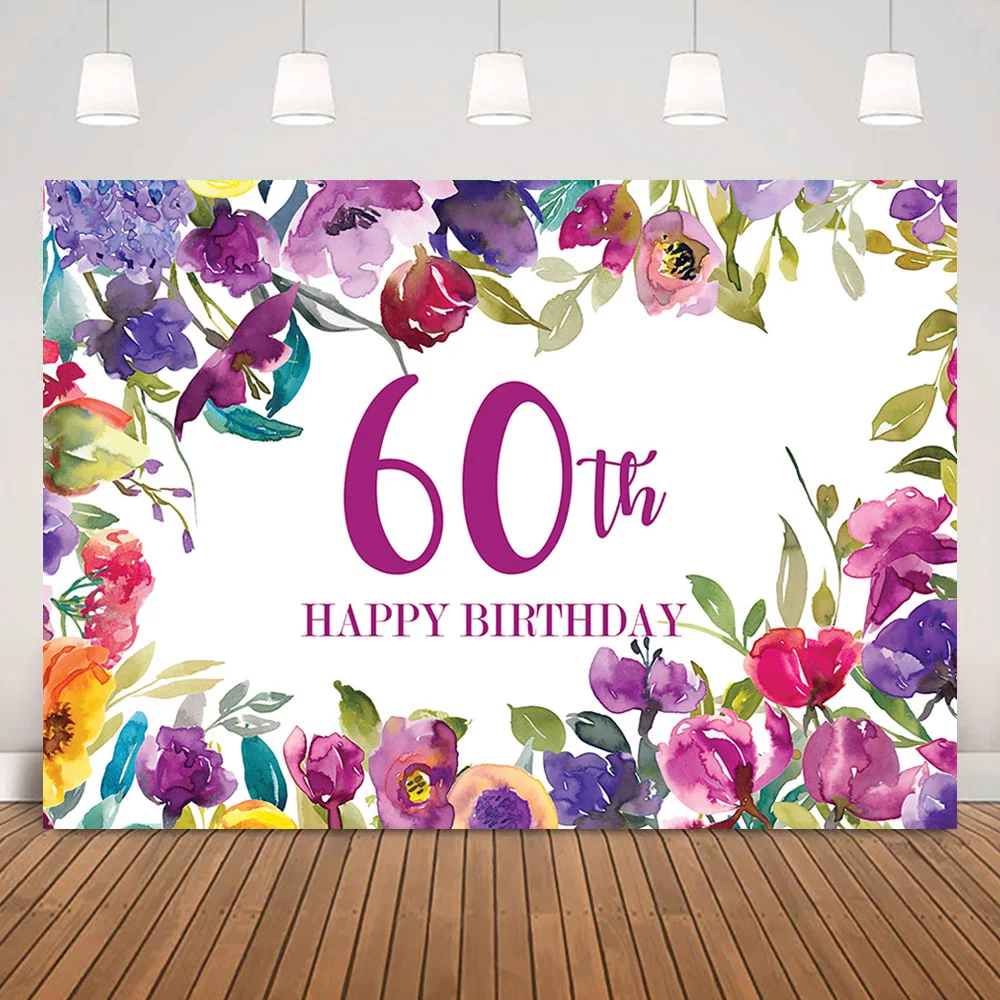 

Adult Woman Happy 60th Birthday Background Watercolor Purple Flowers Custom Birthday Backdrop DIY Party Banner Decorations
