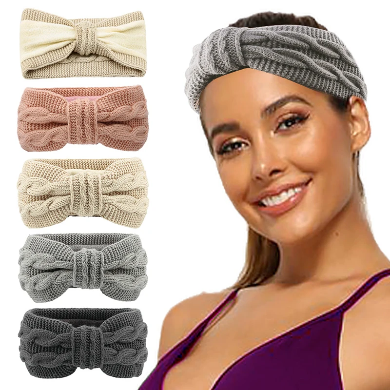 

Elegant Warm Knitted Headband For Women Furry Fleece Lined Wide Headwrap Elastic Warmer Ear Crochet Bow Turban Hair Accessories