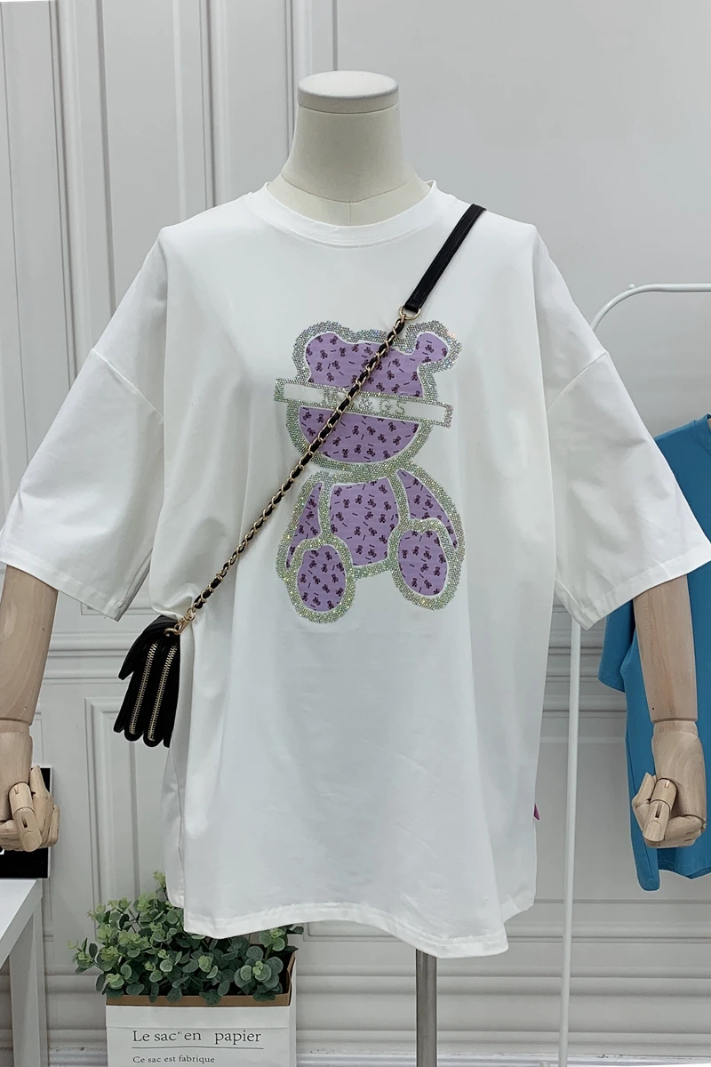 

Short-Sleeved T-shirt Women's Fashionable Large Loose Mid-Length Rhinestone Bear Fashionable Western Style Summer 2021Tops
