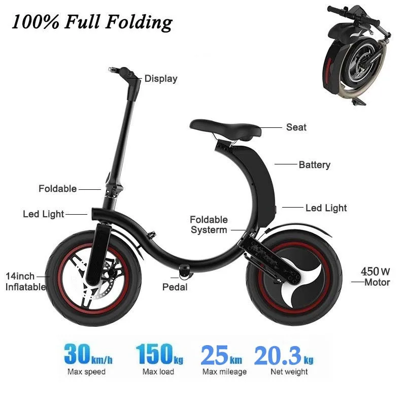 Новый 14 ''шины Портативный электрический скутер 36V 450W мотор складной велосипед