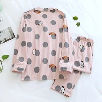 new spring and autumn ladies pure cotton pajamaslong sleeved autumn and winter cute home service suitknitted two piece pajamas