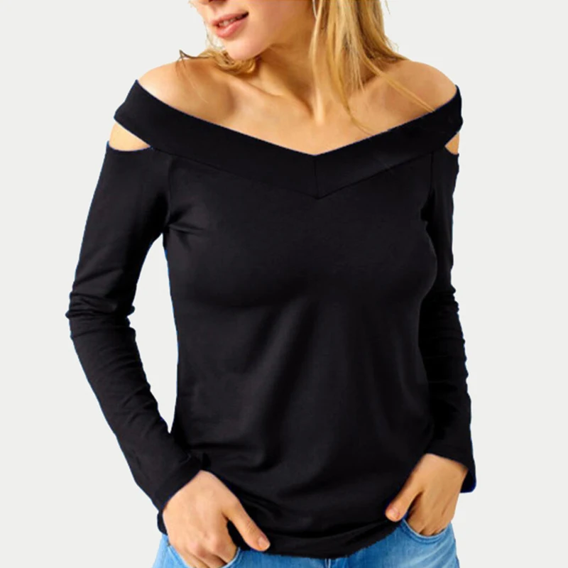 

2021 Women Sexy One Off Shoulder Slim Tops New Fashion Long Sleeve Cotton Tee Shirts Women Casual T Shirts Solid Color T Shirts