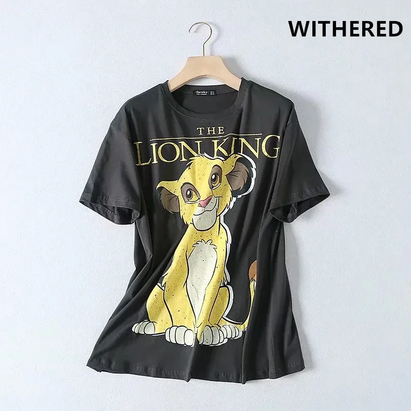 

Withered high street vintage lion king cartoon printing o-neck washed t shirt women harajuku tshirt camisetas verano mujer 2020