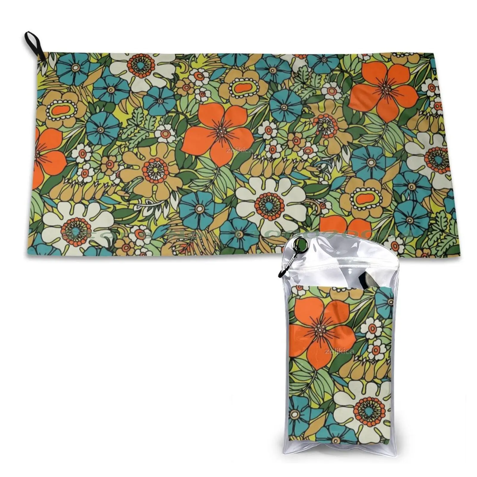 

70s Plate Quick Dry Towel Gym Sports Bath Portable Retro Vintage Bouquet Flowers Floral Orange Turquoise Green Seventies Hippie
