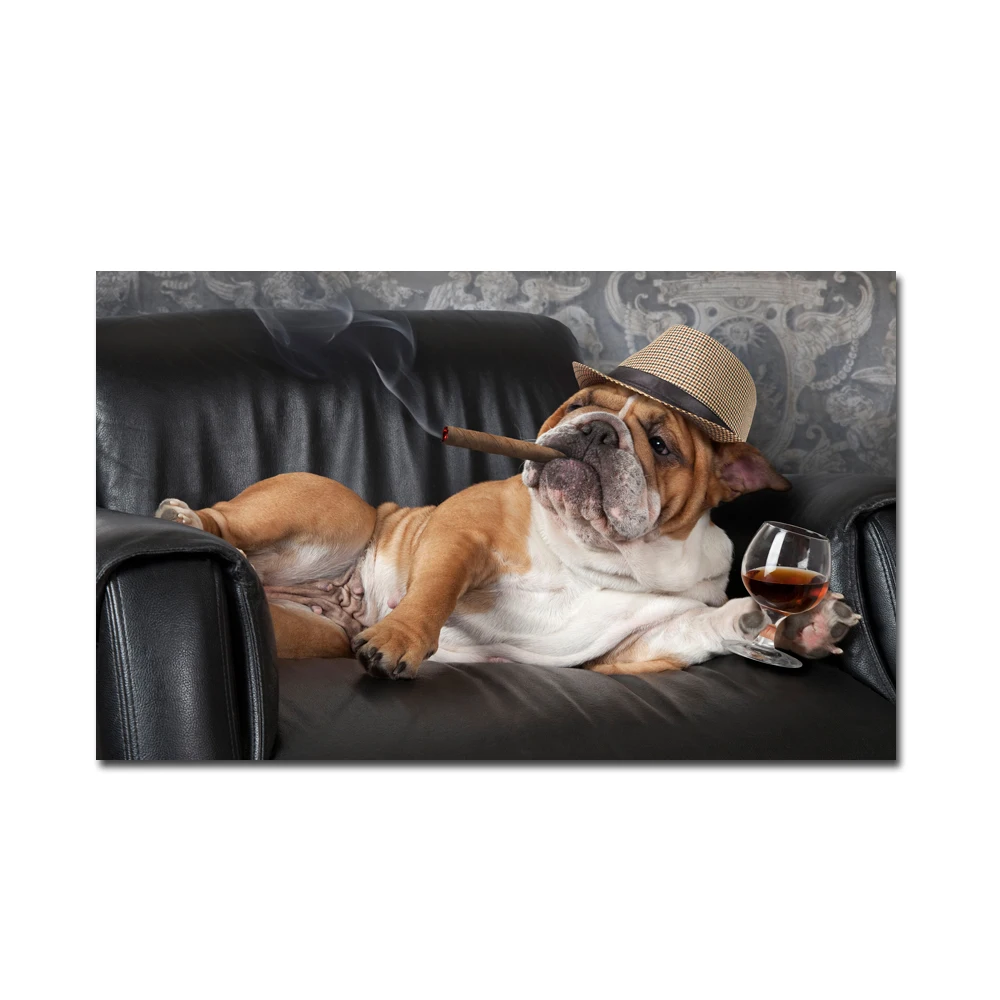 

Funny Smoking Dog Animal Posters Print Painting on Canvas Bulldog on the Sofa Picture Modern Wall Art for Living Room Home Decor