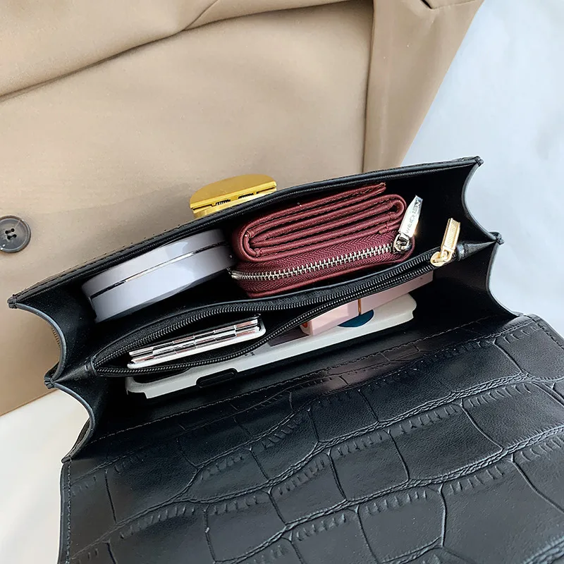 

Vintage Small Stone Pattern Flap Shoulder Women's Bag Hot Sale Leather Clutch Purse Female Retro Square Crossbody Bags with Lock