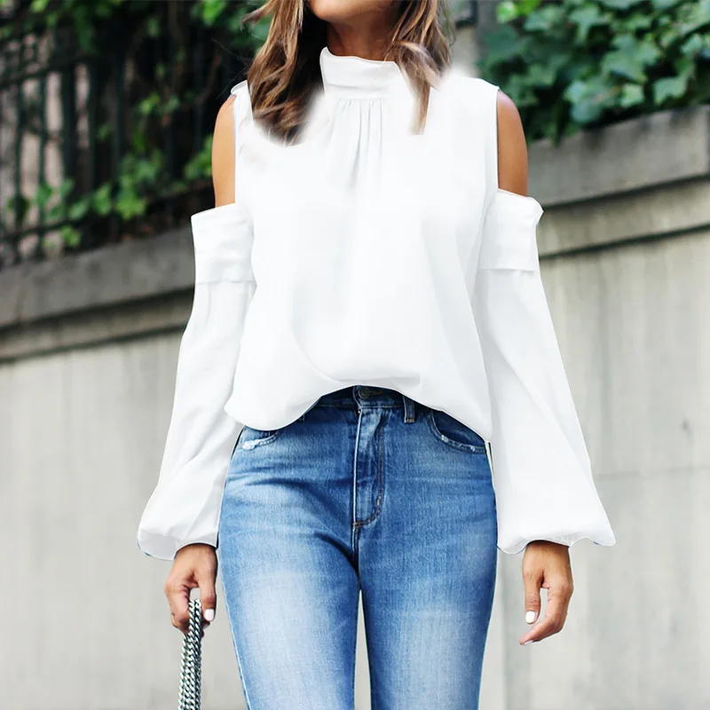 На шнуровке Женская атласная блузка с открытыми плечами водолазка расклешенные