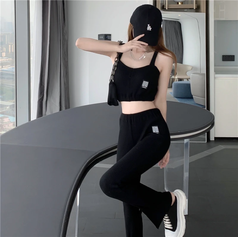 

2021 summer new style women's fashion knitting fashion casual high waist suspenders + drawstring sweatpants