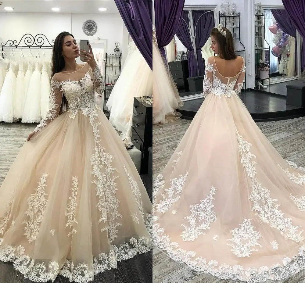 

Champagne A Line long sleeve Wedding Dresses Jewel Neck Lace Appliqued Boho Bridal Gowns long Train Plus Size Wedding gowns